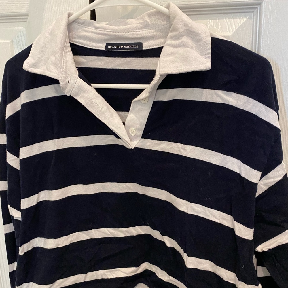 Brandy Melville Cropped Blue & White Striped Collared Shirt